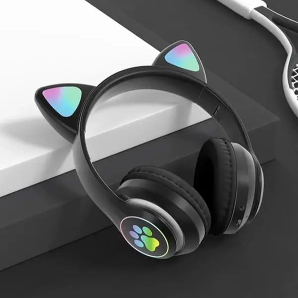 JST-28 Cat Ear Wireless Headset | RGB LED Lights | Bluetooth 5.0 + TF Card + Aux | Foldable | For Kids, Gaming, Music | Black
